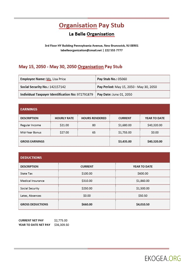 Modèle Word et PDF de bulletin de paie de La Belle Organisation